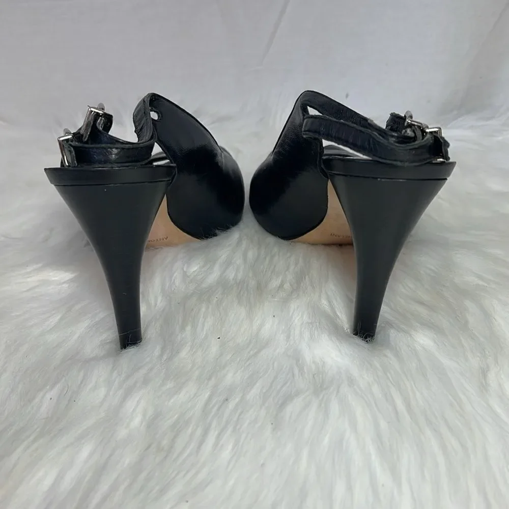 Antonio Milani Black Leather Platform Slingback‎ Peep Toe Heels Sz 8.5